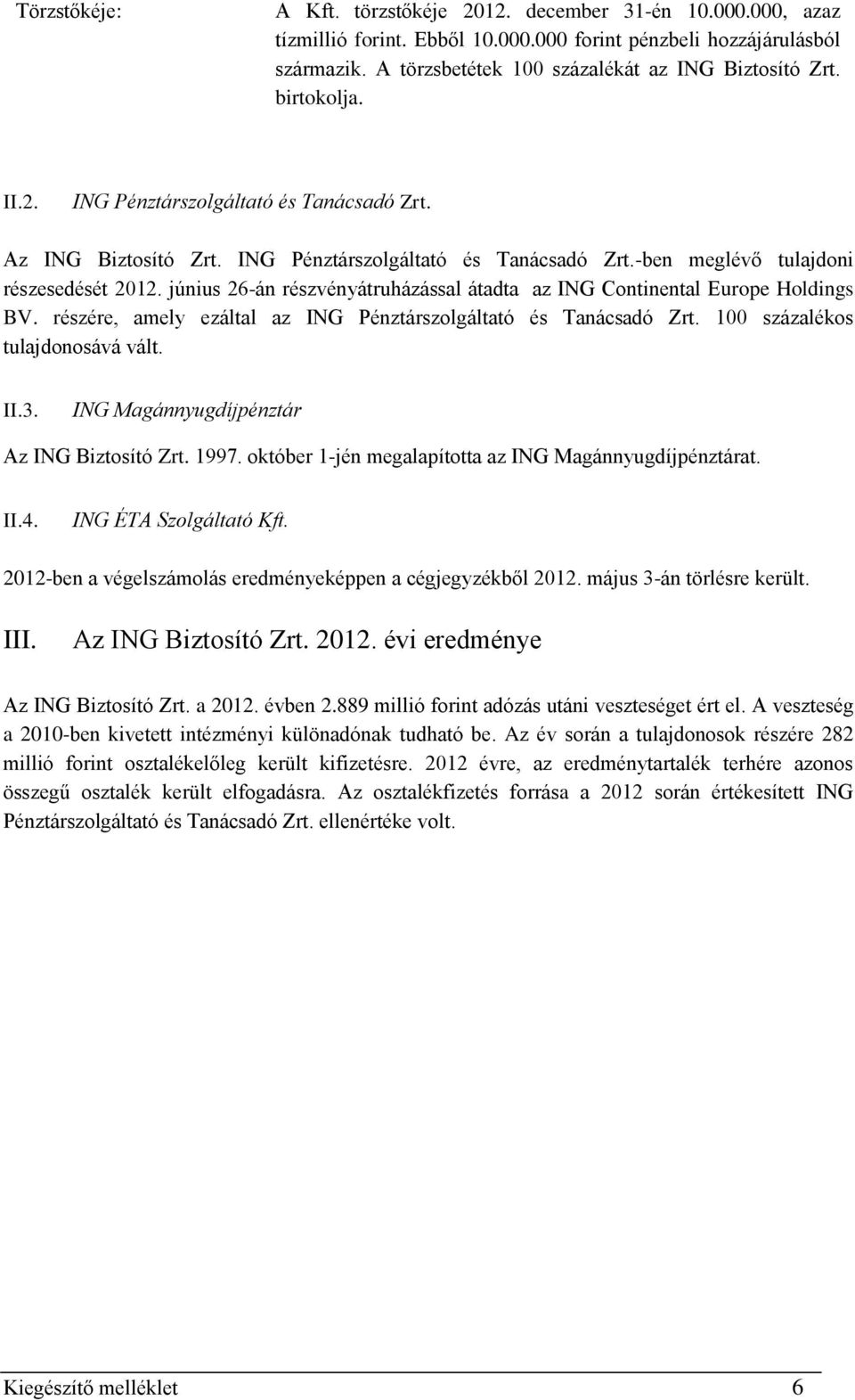 június 26-án részvényátruházással átadta az ING Continental Europe Holdings BV. részére, amely ezáltal az ING Pénztárszolgáltató és Tanácsadó Zrt. 100 százalékos tulajdonosává vált. II.3.