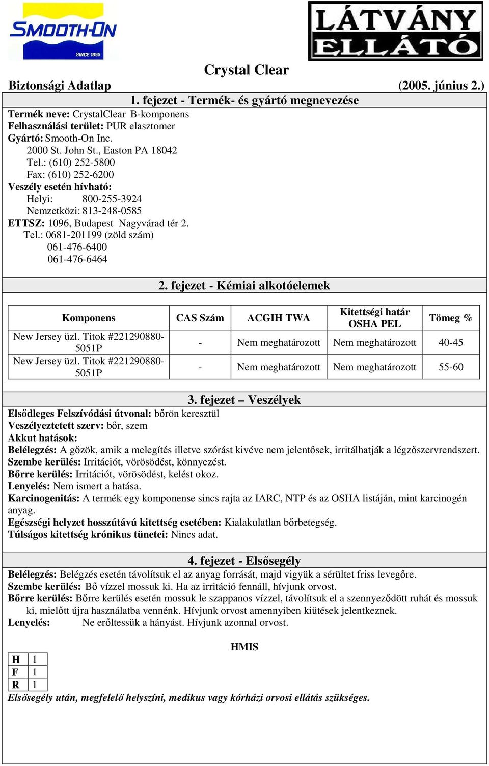 fejezet - Kémiai alkotóelemek Komponens CAS Szám ACGIH TWA New Jersey üzl. Titok #221290880-5051P New Jersey üzl.