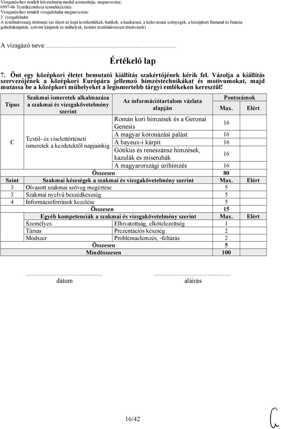 Típus Szakmai ismeretek alkalmazása a szakmai és vizsgakövetelmény szerint Az információtartalom vázlata alapján Pontszámok Max.