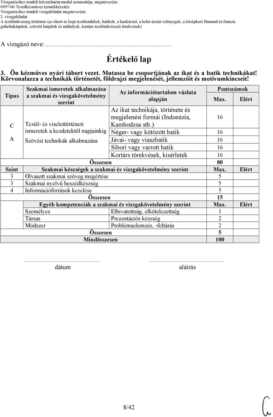 Típus A Szakmai ismeretek alkalmazása a szakmai és vizsgakövetelmény szerint Textil- és viselettörténeti ismeretek a kezdetektől napjainkig Szövési technikák alkalmazása Az információtartalom vázlata