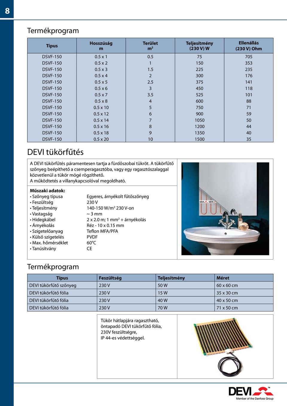 5 x 8 9 350 40 DSV-50 0.5 x 20 0 500 35 DEVI tükörfűtés A DEVI tükörfűtés páramentesen tartja a fürdőszobai tükröt.