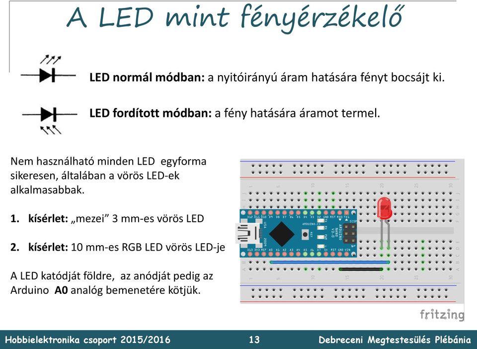 Nem használható minden LED egyforma sikeresen, általában a vörös LED-ek alkalmasabbak. 1.
