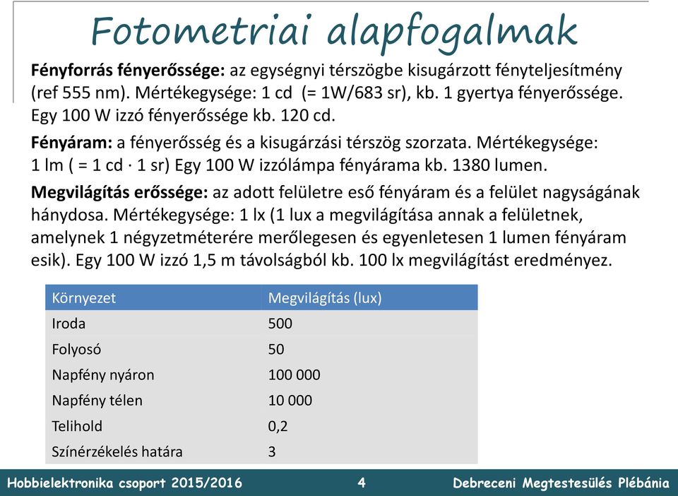 Megvilágítás erőssége: az adott felületre eső fényáram és a felület nagyságának hánydosa.