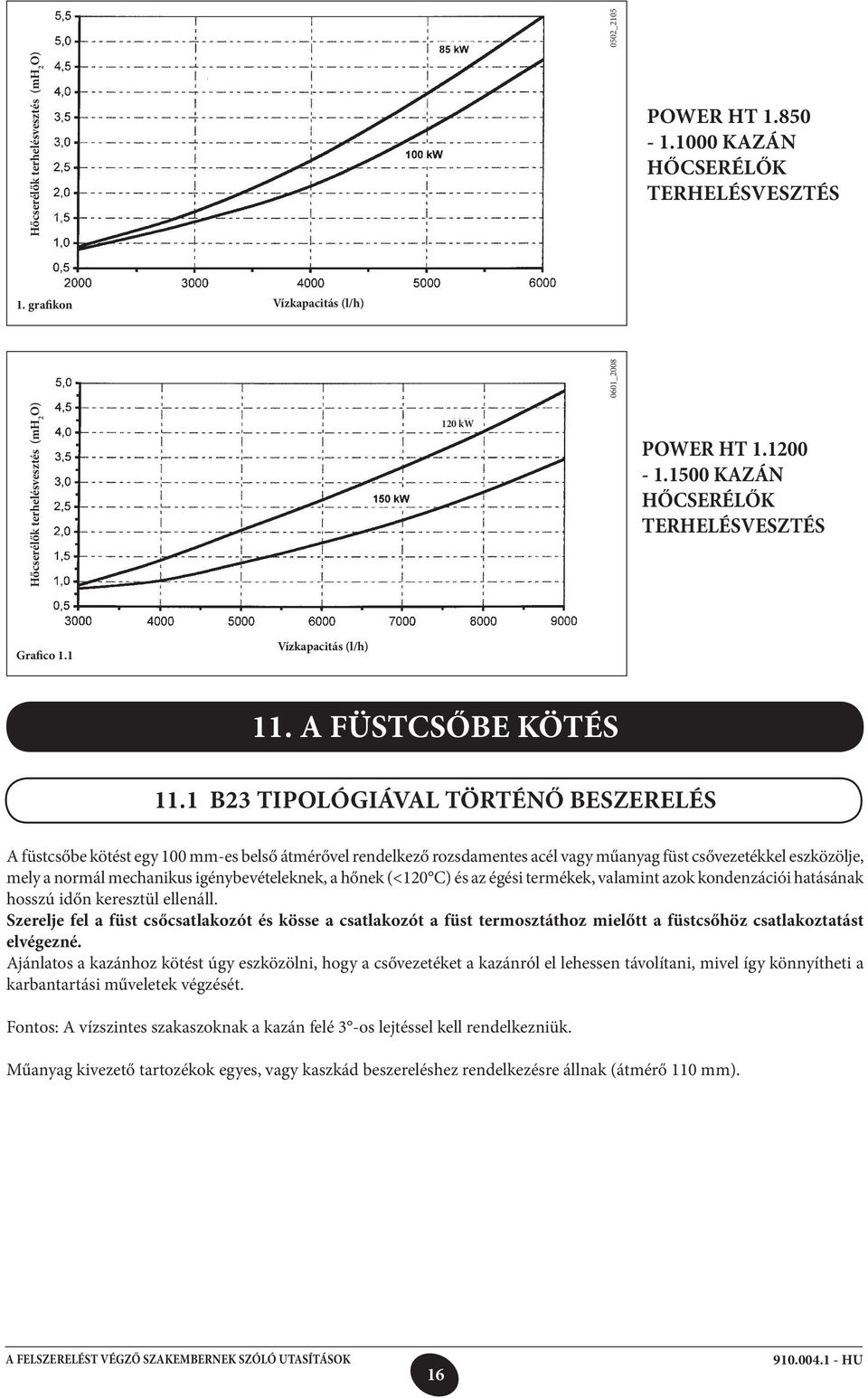 1 B23 TIPOLÓGIÁVAL TÖRTÉNŐ BESZERELÉS A füstcsőbe kötést egy 100 mm-es belső átmérővel rendelkező rozsdamentes acél vagy műanyag füst csővezetékkel eszközölje, mely a normál mechanikus