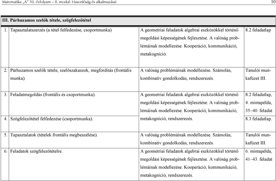 Kooperáció, kommunikáció, metakogníció. 8. feladatlap. Párhuzamos szelők tétele, szelőszakaszok, megfordítás (frontális munka). A valóság problémáinak modellezése.