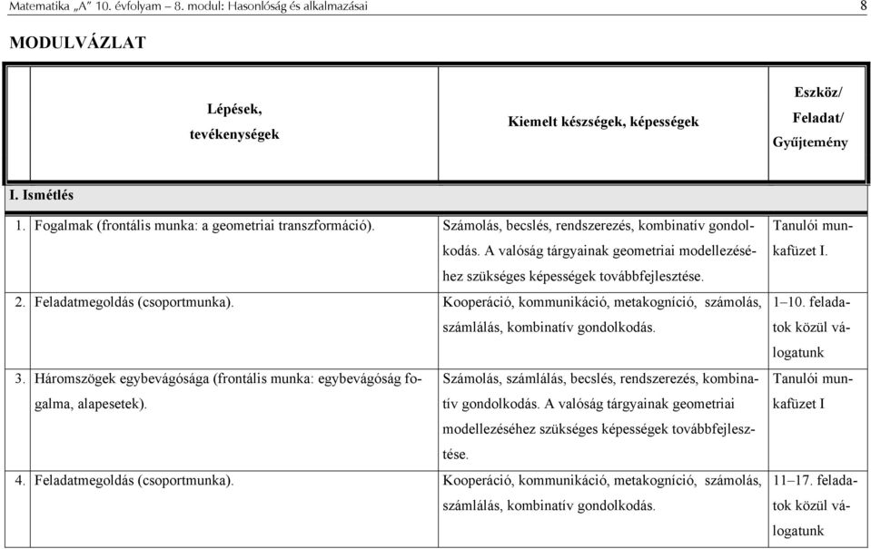 . Feladatmegoldás (csoportmunka). Kooperáció, kommunikáció, metakogníció, számolás, számlálás, kombinatív gondolkodás. 3. Háromszögek egybevágósága (frontális munka: egybevágóság fogalma, alapesetek).