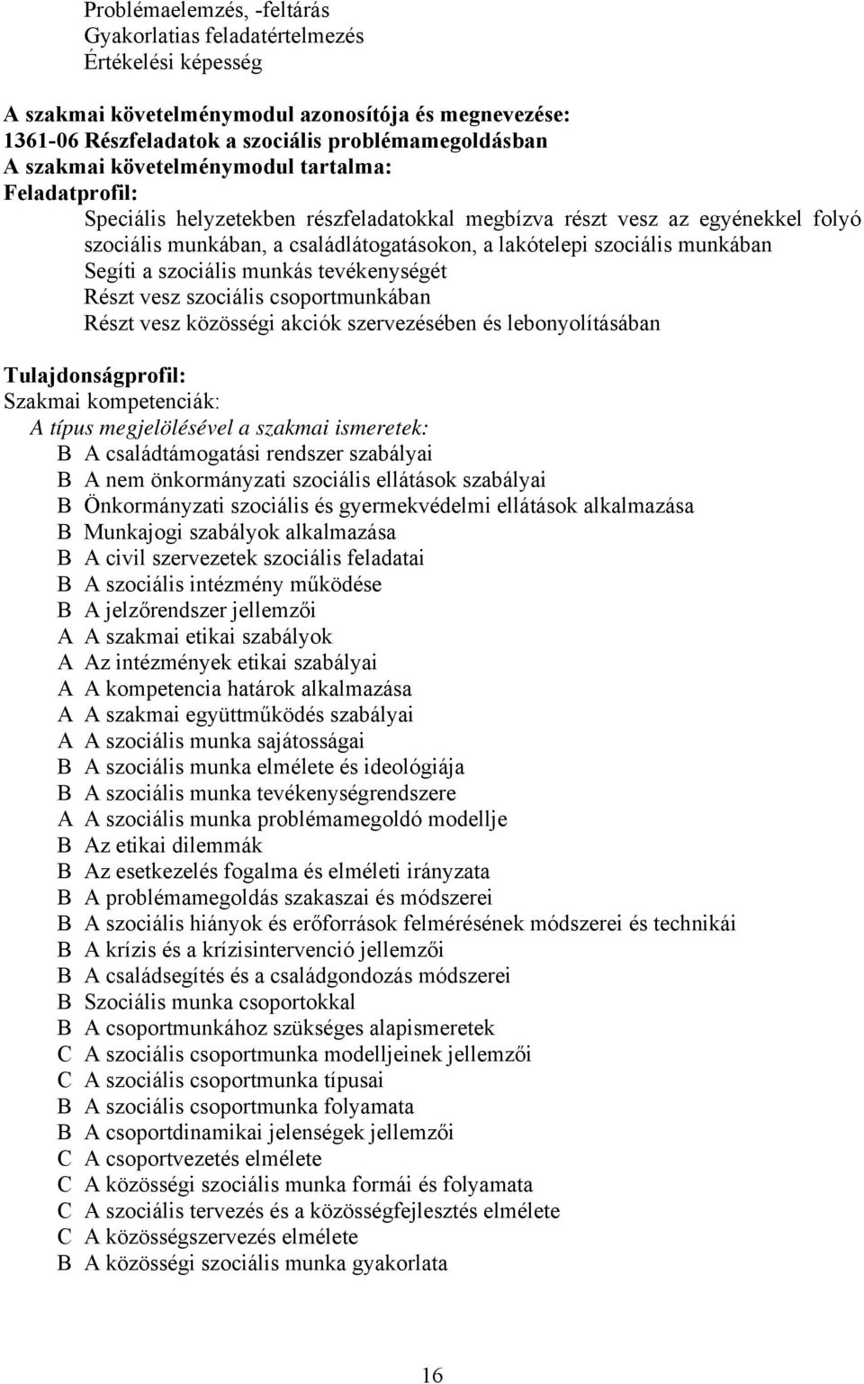 Segíti a szociális munkás tevékenységét Részt vesz szociális csoportmunkában Részt vesz közösségi akciók szervezésében és lebonyolításában Tulajdonságprofil: Szakmai kompetenciák: A típus