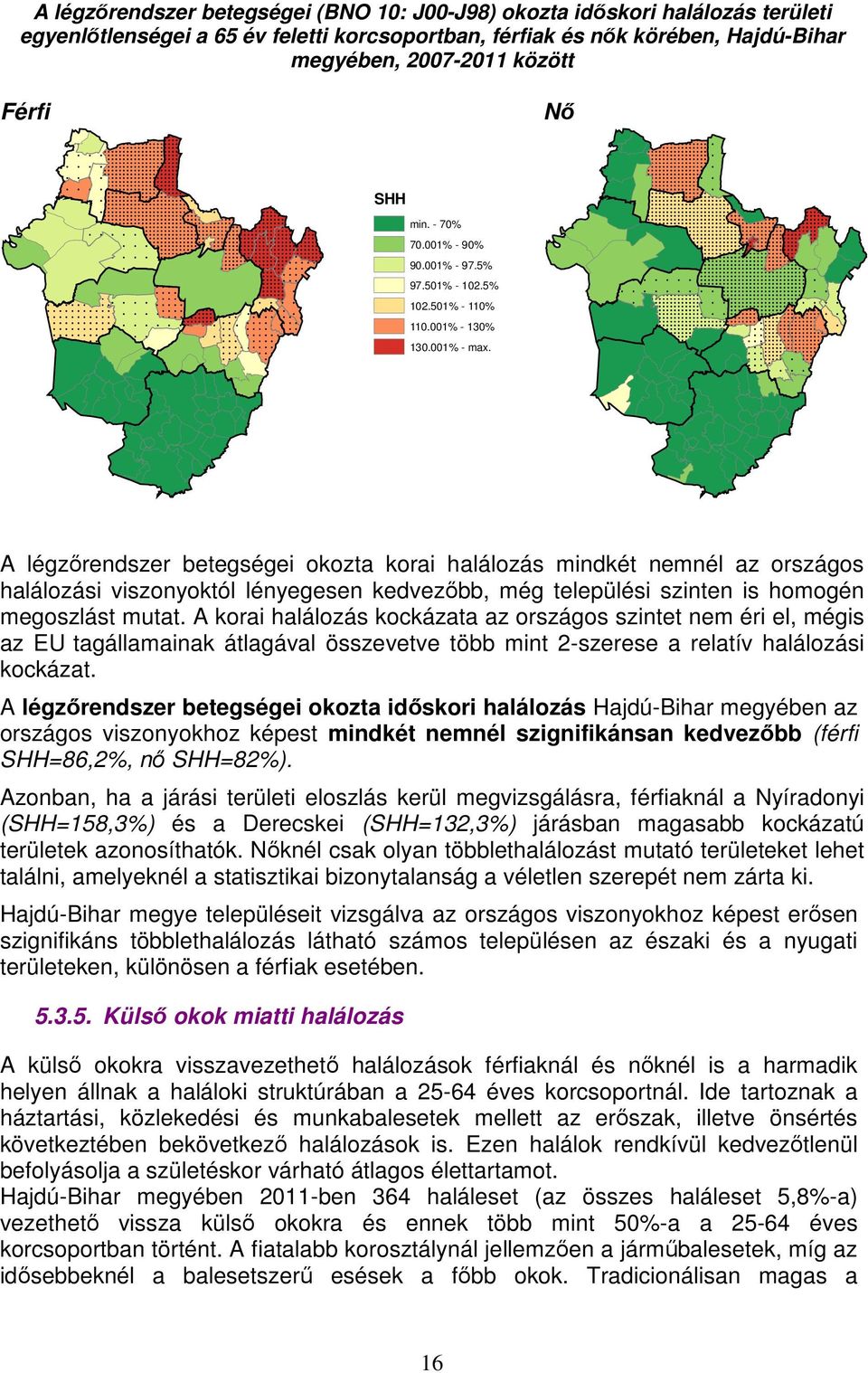 A légzőrendszer betegségei okozta korai halálozás mindkét nemnél az országos halálozási viszonyoktól lényegesen kedvezőbb, még települési szinten is homogén megoszlást mutat.