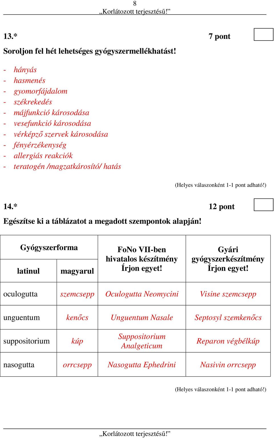 teratogén /magzatkárosító/ hatás 14.* 12 pont Egészítse ki a táblázatot a megadott szempontok alapján!