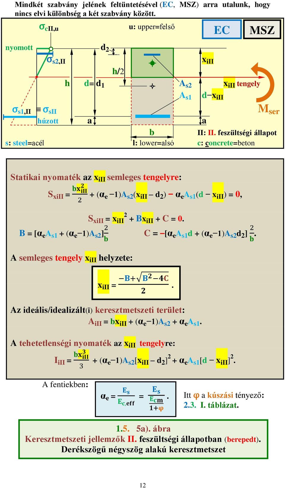 feszültségi állapot s: steel=acél l: lower=alsó c: concrete=beton Statikai nyomaték az x iii semleges tengelyre: S xiii = + (α e 1)A s2 (x iii d 2 ) α e A s1 (d x iii ) = 0, S xiii = x iii 2 + BxiII