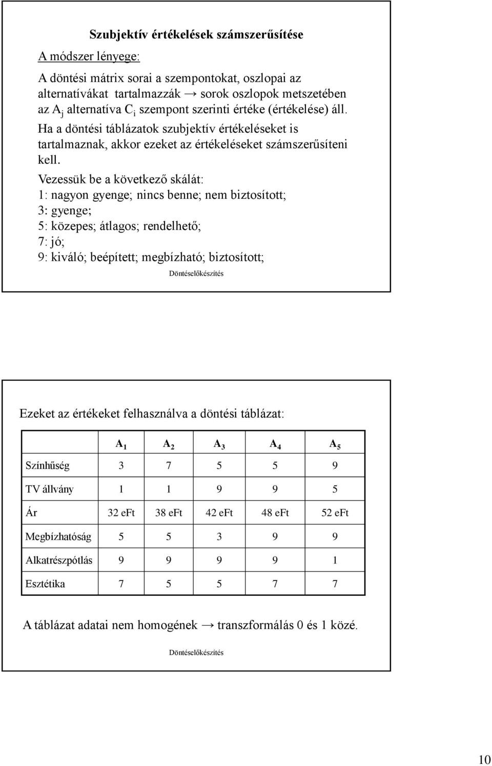 Vezessük be a következő skálát: 1: nagyon gyenge; nincs benne; nem biztosított; 3: gyenge; 5: közepes; átlagos; rendelhető; 7: jó; 9: kiváló; beépített; megbízható; biztosított; Ezeket az értékeket