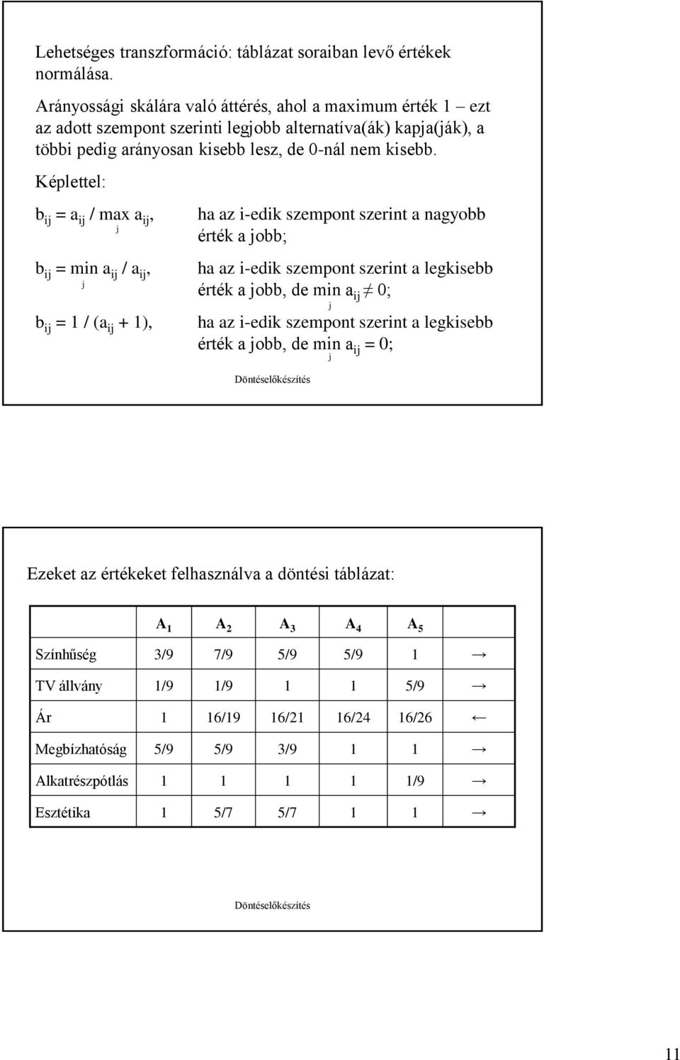 Képlettel: b ij = a ij / max a ij, b ij = min a ij / a ij, j b ij = 1 / (a ij + 1), j ha az i-edik szempont szerint a nagyobb érték a jobb; ha az i-edik szempont szerint a legkisebb érték a