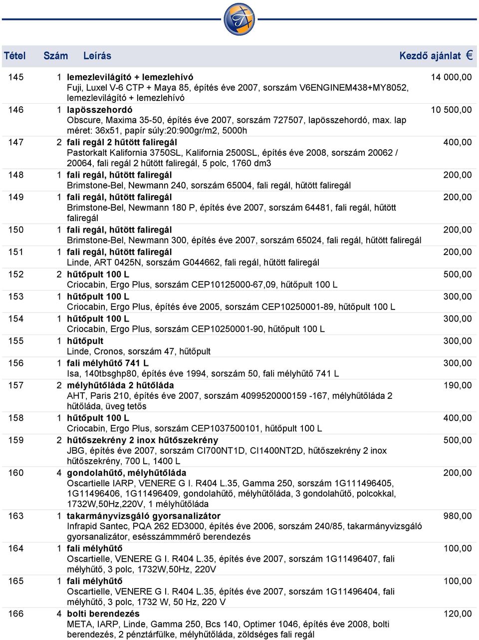 lap méret: 36x51, papír súly:20:900gr/m2, 5000h 147 2 fali regál 2 hűtött faliregál Pastorkalt Kalifornia 3750SL, Kalifornia 2500SL, építés éve 2008, sorszám 20062 / 20064, fali regál 2 hűtött