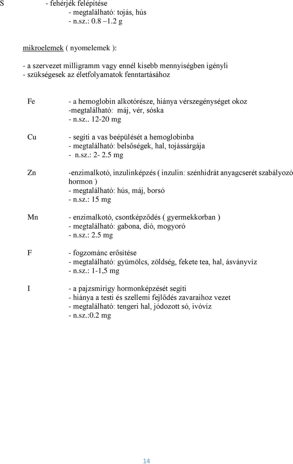 vérszegénységet okoz -megtalálható: máj, vér, sóska - n.sz.. 12-20 mg - segíti a vas beépülését a hemoglobinba - megtalálható: belsőségek, hal, tojássárgája - n.sz.: 2-2.
