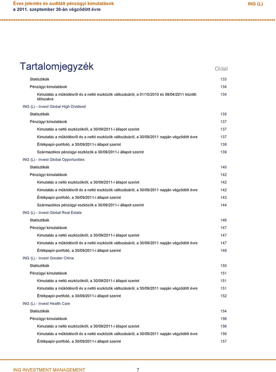 időszakra 134 ING (L) Invest Global High Dividend Statisztikák 135 Pénzügyi kimutatások 137 Kimutatás a nettó eszközökről, a 30/09/2011i állapot szerint 137 Kimutatás a működésről és a nettó eszközök