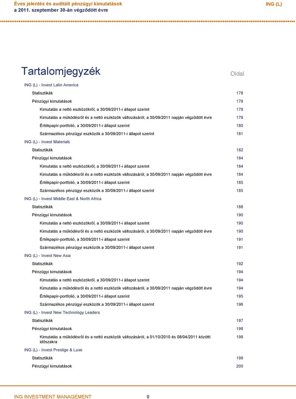 Kimutatás a működésről és a nettó eszközök változásáról, a 30/09/2011 napján végződött évre 179 Értékpapírportfolió, a 30/09/2011i állapot szerint 180 Származékos pénzügyi eszközök a 30/09/2011i