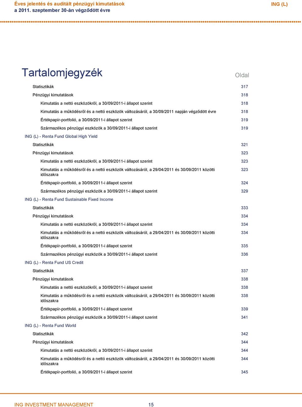 nettó eszközök változásáról, a 30/09/2011 napján végződött évre 318 Értékpapírportfolió, a 30/09/2011i állapot szerint 319 Származékos pénzügyi eszközök a 30/09/2011i állapot szerint 319 ING (L)
