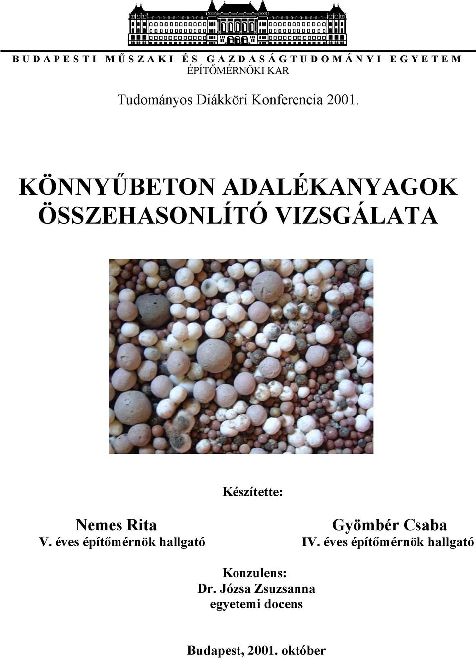 KÖNNYŰBETON ADALÉKANYAGOK ÖSSZEHASONLÍTÓ VIZSGÁLATA Nemes Rita Készítette: