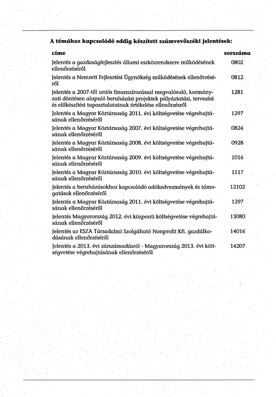 tapasztalatainak értékelése ellenőrzésről jelentés a Magyar Köztársaság 2011. évi költségvetése végrehajtó- 1297 sának ellenőrzéséről jelentés a Magyar Köztársaság 2007.