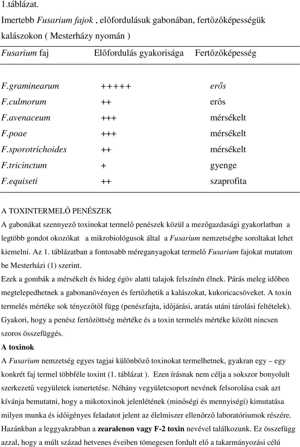 equiseti ++ szaprofita A TOXINTERMELİ PENÉSZEK A gabonákat szennyezı toxinokat termelı penészek közül a mezıgazdasági gyakorlatban a legtöbb gondot okozókat a mikrobiológusok által a Fusarium