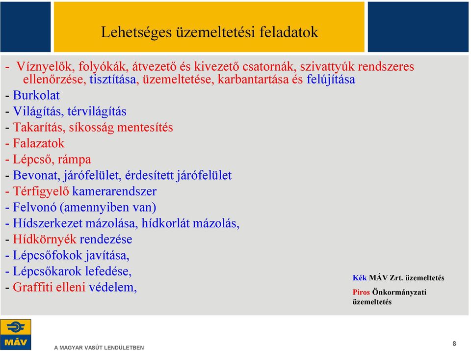 Bevonat, járófelület, érdesített járófelület - Térfigyelő kamerarendszer - Felvonó (amennyiben van) - Hídszerkezet mázolása, hídkorlát mázolás,