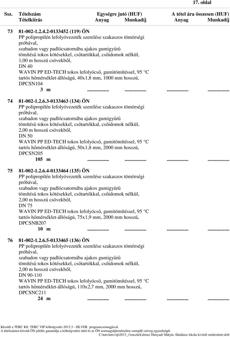 1,00 m hosszú csövekből, DN 40 WAVIN PP ED-TECH tokos lefolyócső, gumitömítéssel, 95 C tartós hőmérséklet-állóságú, 40x1,8 mm, 1000 mm hosszú, DPCSN104 3 m............ 74 81-002-1.2.6.