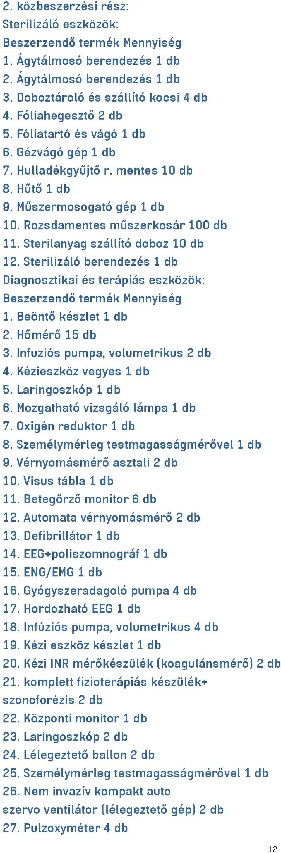 Sterilizáló berendezés 1 db Diagnosztikai és terápiás eszközök: 1. Beöntő készlet 1 db 2. Hőmérő 15 db 3. Infuziós pumpa, volumetrikus 2 db 4. Kézieszköz vegyes 1 db 5. Laringoszkóp 1 db 6.