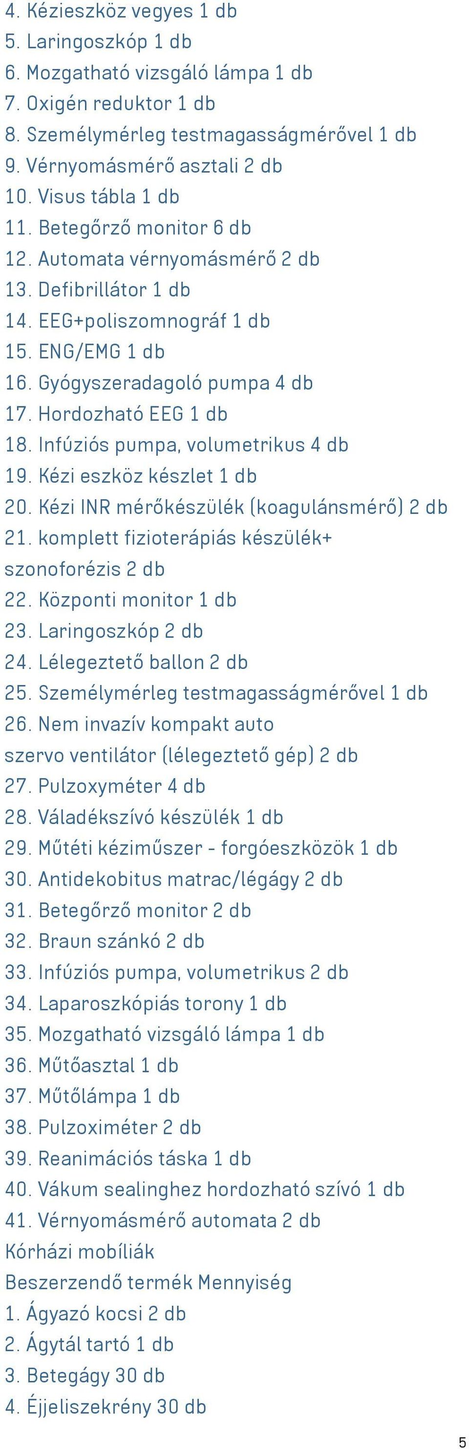 Hordozható EEG 1 db 18. Infúziós pumpa, volumetrikus 4 db 19. Kézi eszköz készlet 1 db 20. Kézi INR mérőkészülék (koagulánsmérő) 2 db 21. komplett fizioterápiás készülék+ szonoforézis 2 db 22.