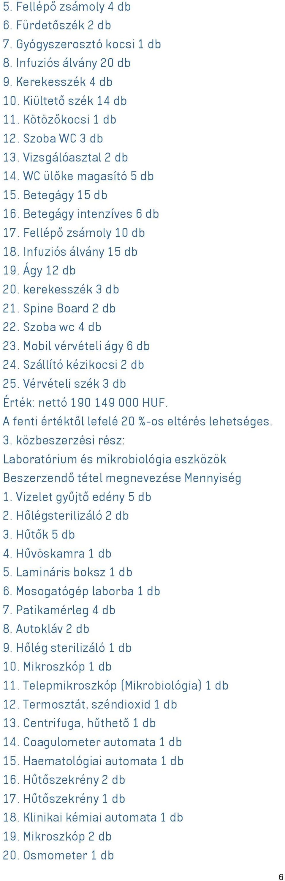 Spine Board 2 db 22. Szoba wc 4 db 23. Mobil vérvételi ágy 6 db 24. Szállító kézikocsi 2 db 25. Vérvételi szék 3 