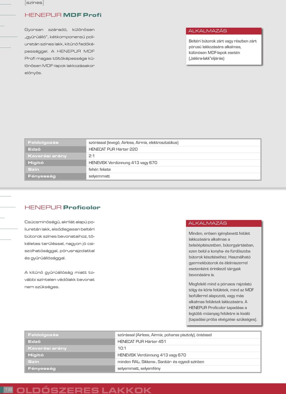 Beltéri bútorok zárt vagy részben zárt pórusú lakkozására alkalmas, különösen MDF-lapok esetén ( lakkra-lakk eljárás) szórással (levegő, Airless, Airmix, elektrosztatikus) Edző HENECAT PUR Härter 220