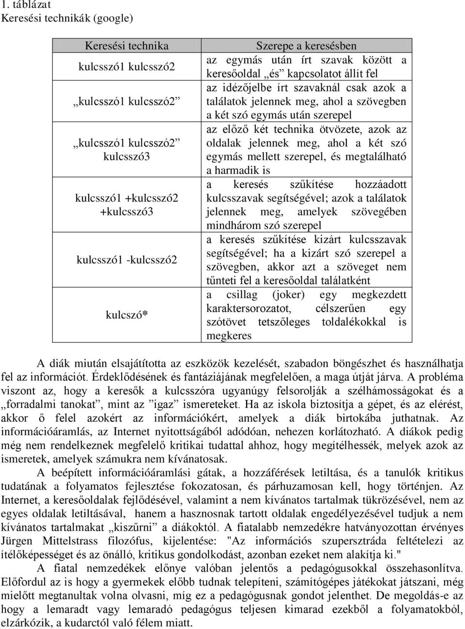 előző két technika ötvözete, azok az oldalak jelennek meg, ahol a két szó egymás mellett szerepel, és megtalálható a harmadik is a keresés szűkítése hozzáadott kulcsszavak segítségével; azok a
