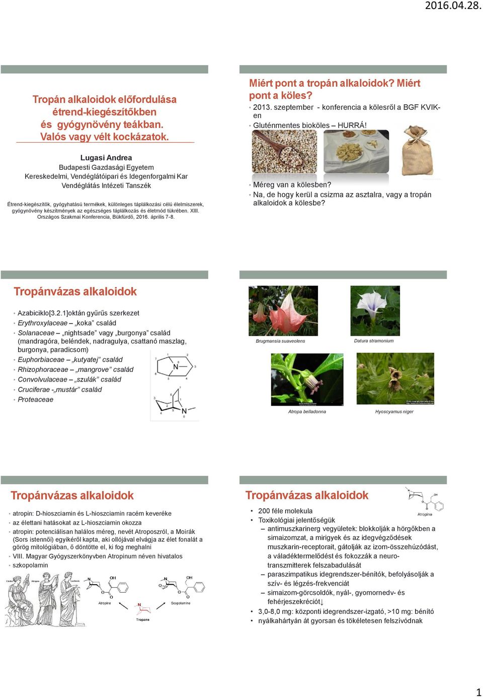 élelmiszerek, gyógynövény készítmények az egészséges táplálkozás és életmód tükrében. XIII. Országos Szakmai Konferencia, Bükfürdő, 2016. április 7-8. Miért pont a tropán alkaloidok?