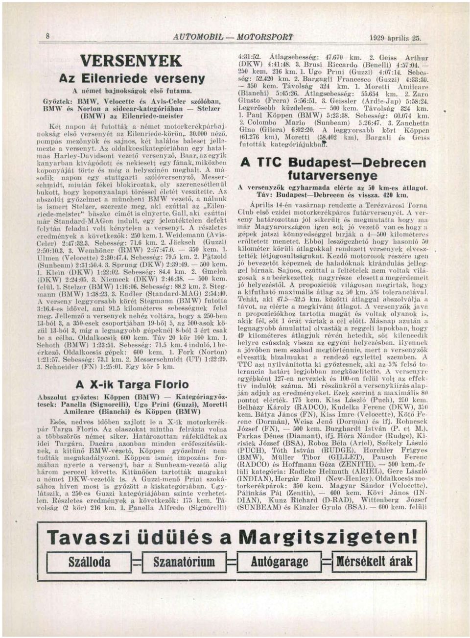 Az oldal kocsikategóriában egy hatalmas Harley-Davidsont vezető versenyző, Baar, azegyik kanyarban kivágódott és nekiesett egy fának, miközben koponyáját törte és még a helyszínén meghalt.
