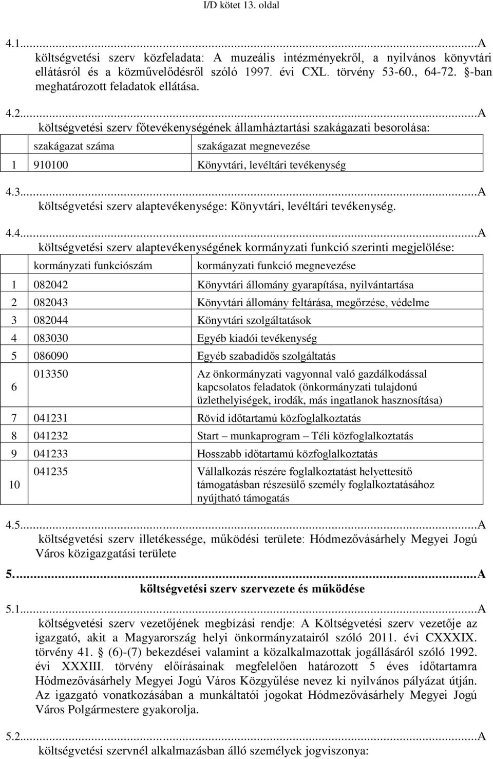 .. A költségvetési szerv főtevékenységének államháztartási szakágazati besorolása: szakágazat száma szakágazat megnevezése 1 910100 Könyvtári, levéltári tevékenység 4.3.