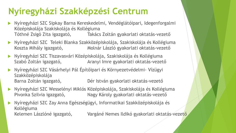 Középiskolája, Szakiskolája és Kollégiuma Szabó Zoltán igazgató, Aranyi Imre gyakorlati oktatás-vezető Nyíregyházi SZC Vásárhelyi Pál Építőipari és Környezetvédelmi- Vízügyi Szakközépiskolája Barna