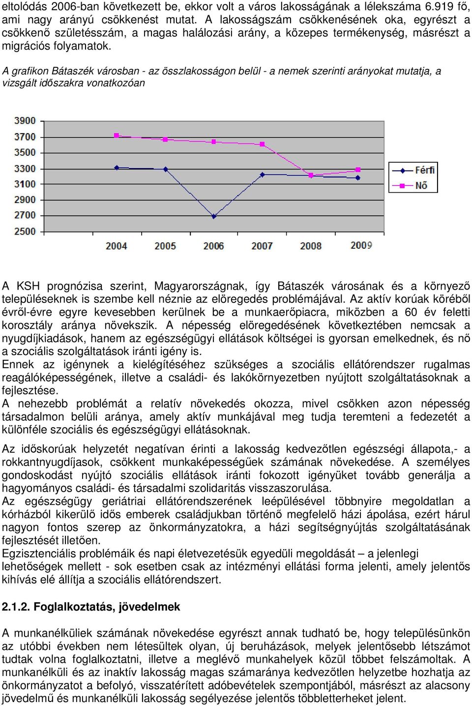 A grafikon Bátaszék városban - az összlakosságon belül - a nemek szerinti arányokat mutatja, a vizsgált időszakra vonatkozóan A KSH prognózisa szerint, Magyarországnak, így Bátaszék városának és a