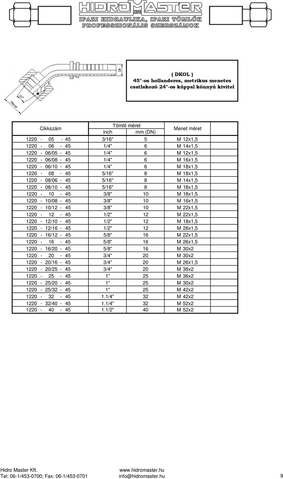 1220-10/12-45 3/8" 10 M 22x1,5 1220-12 - 45 1/2" 12 M 22x1,5 1220-12/10-45 1/2" 12 M 18x1,5 1220-12/16-45 1/2" 12 M 26x1,5 1220-16/12-45 5/8" 16 M 22x1,5 1220-16 - 45 5/8" 16 M 26x1,5 1220-16/20-45