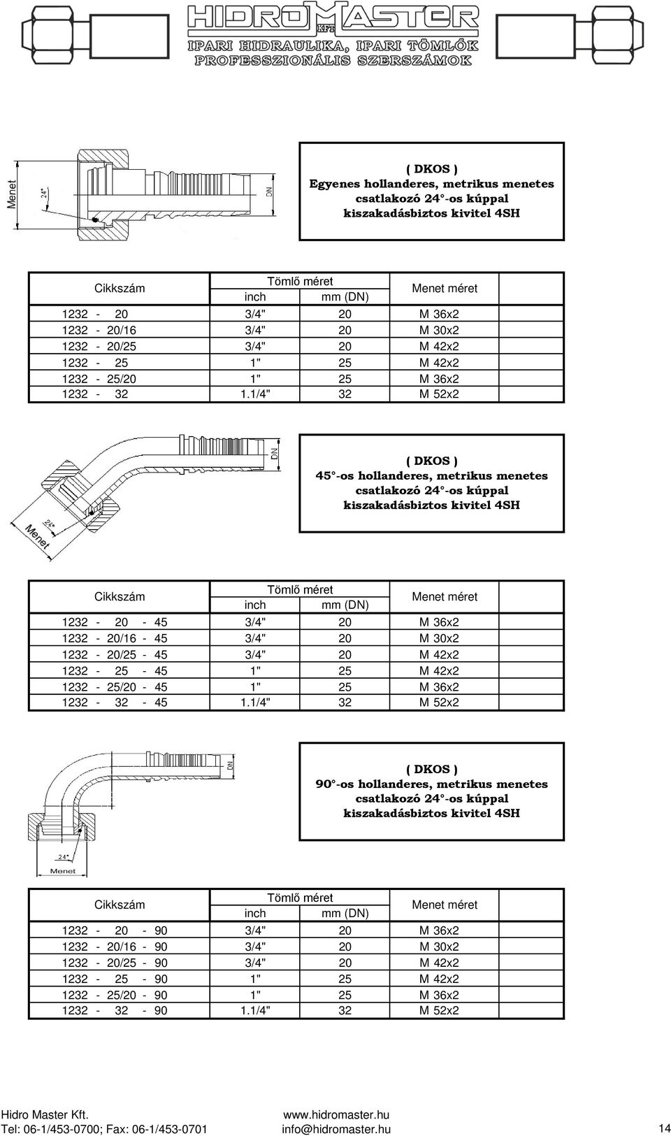 1/4" 32 M 52x2 ( DKOS ) 45 -os hollanderes, metrikus menetes csatlakozó 24 -os kúppal kiszakadásbiztos kivitel 4SH 1232-20 - 45 3/4" 20 M 36x2 1232-20/16-45 3/4" 20 M 30x2 1232-20/25-45 3/4" 20 M