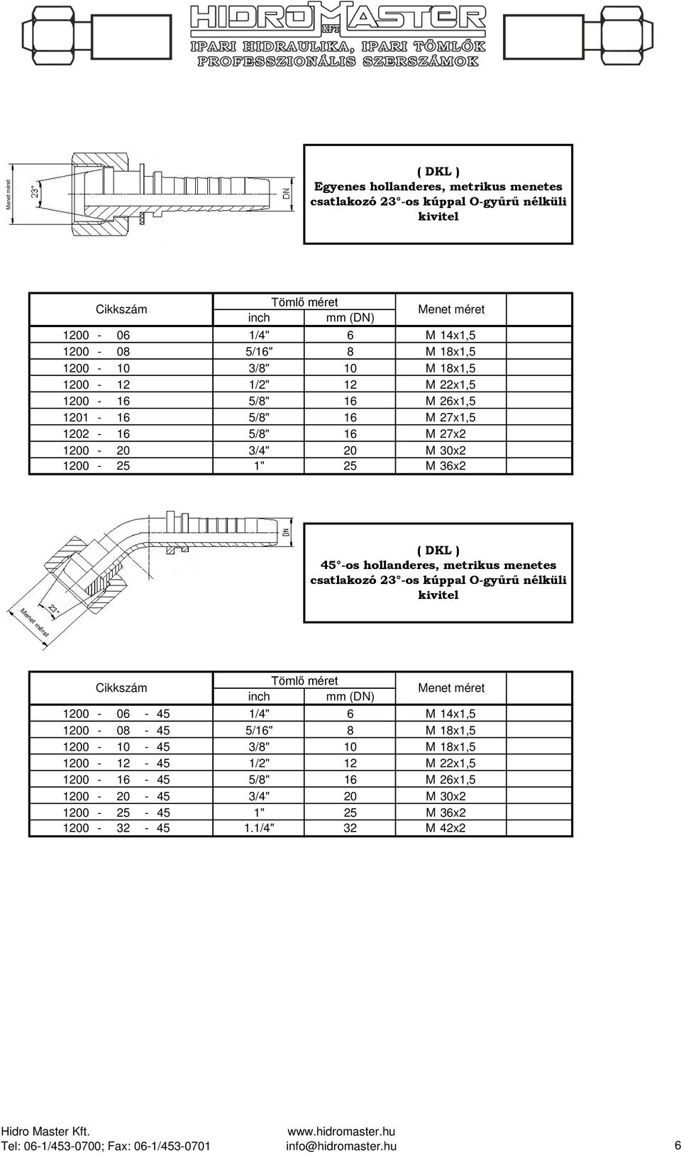 hollanderes, metrikus menetes csatlakozó 23 -os kúppal O-gyűrű nélküli kivitel 1200-06 - 45 1/4" 6 M 14x1,5 1200-08 - 45 5/16" 8 M 18x1,5 1200-10 - 45 3/8" 10 M