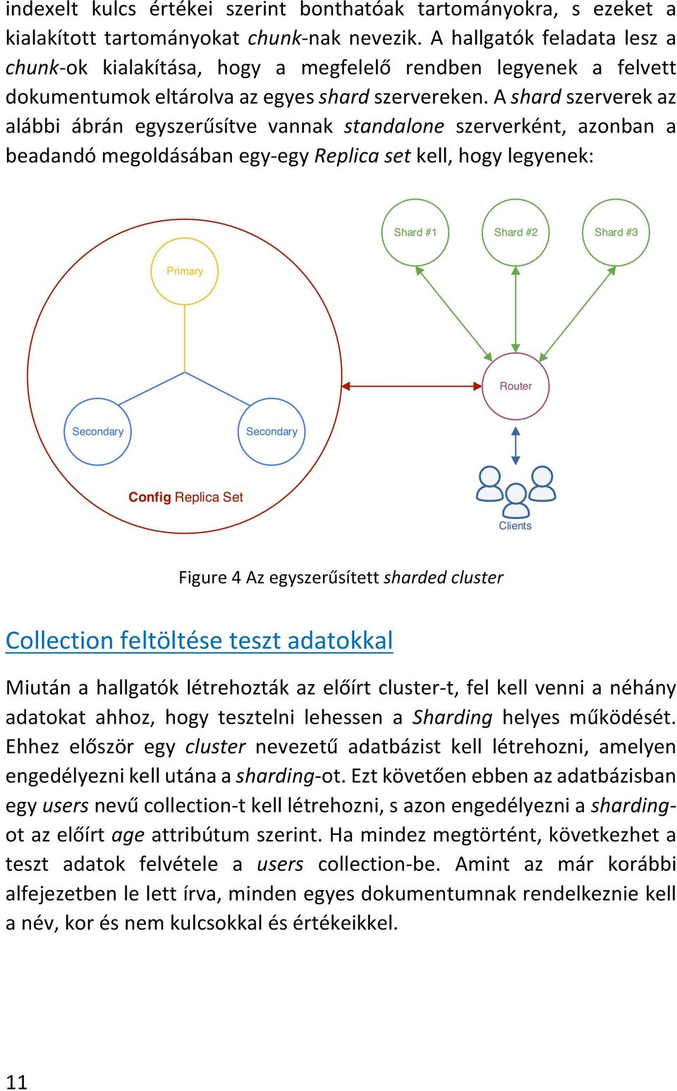 A shard szerverek az alábbi ábrán egyszerűsítve vannak standalone szerverként, azonban a beadandó megoldásában egy-egy Replica set kell, hogy legyenek: Figure 4 Az egyszerűsített sharded cluster