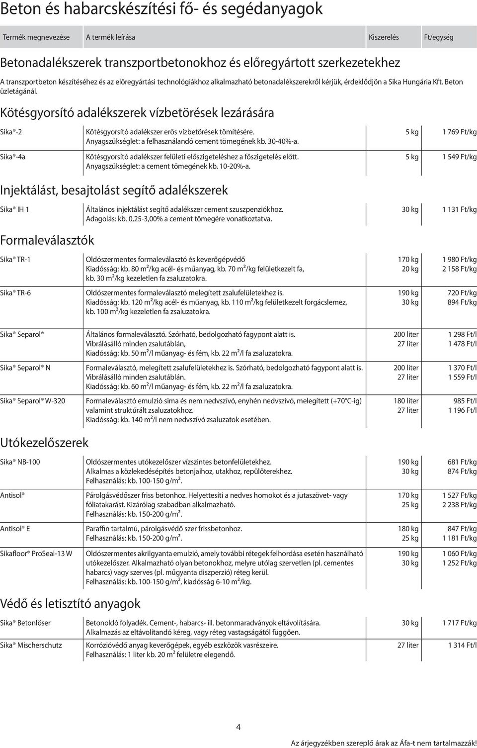 Kötésgyorsító adalékszerek vízbetörések lezárására Sika -2 Sika -4a Kötésgyorsító adalékszer erős vízbetörések tömítésére. Anyagszükséglet: a felhasználandó cement tömegének kb. 30-40%-a.