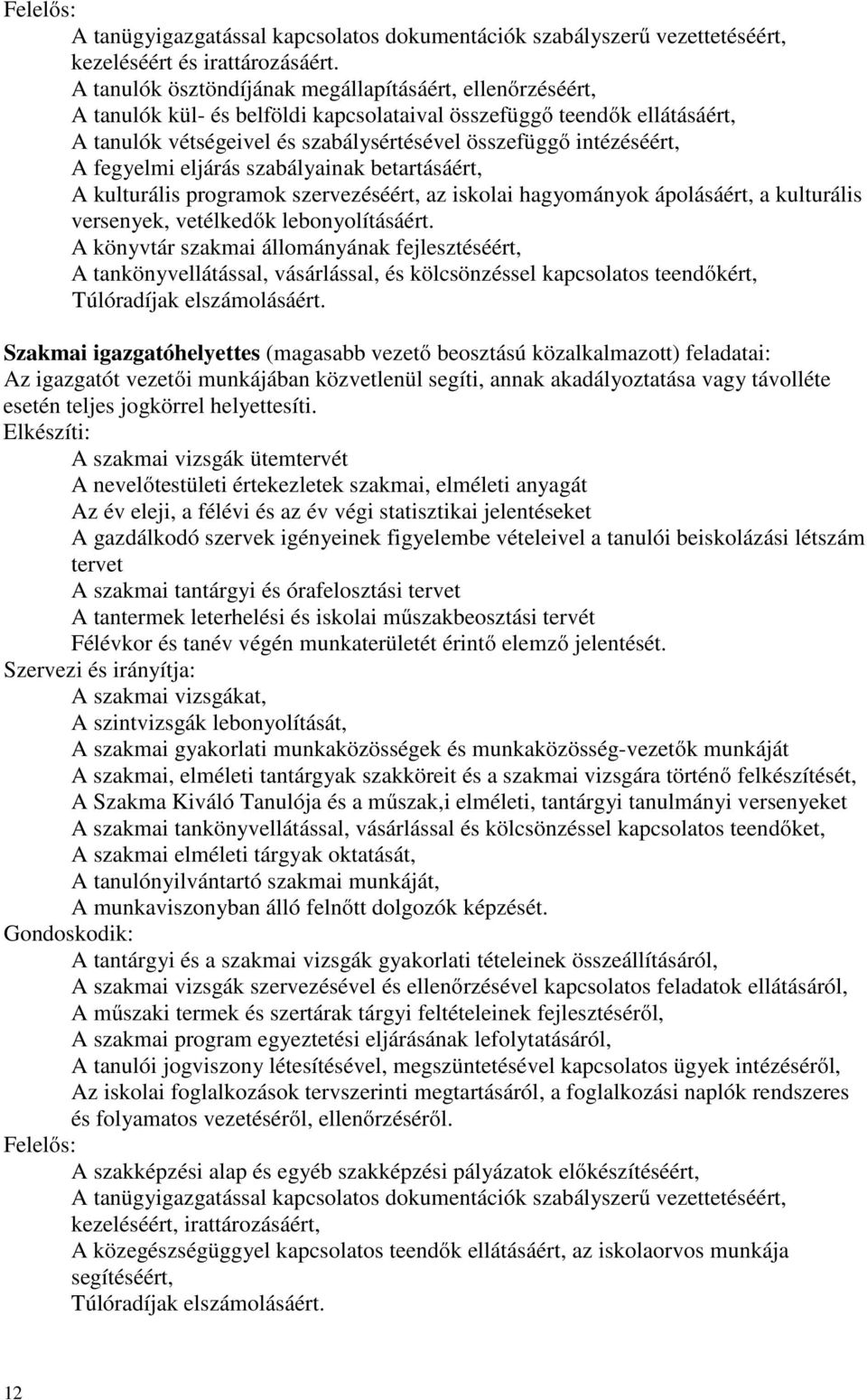 A fegyelmi eljárás szabályainak betartásáért, A kulturális programok szervezéséért, az iskolai hagyományok ápolásáért, a kulturális versenyek, vetélkedők lebonyolításáért.