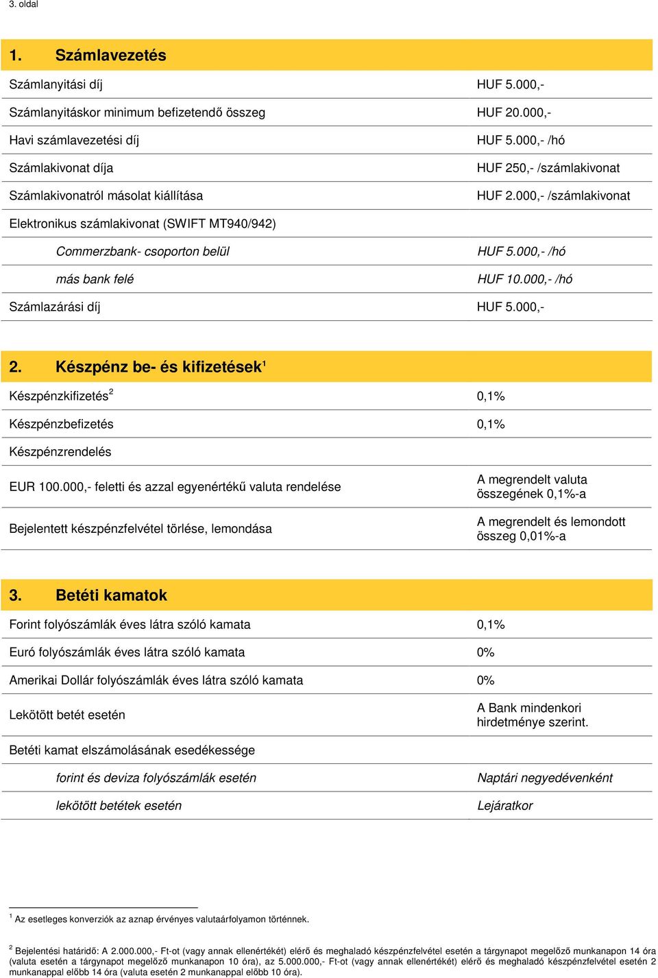 000,- /hó Számlazárási díj HUF 5.000,- 2. Készpénz be- és kifizetések 1 Készpénzkifizetés 2 0,1% Készpénzbefizetés 0,1% Készpénzrendelés EUR 100.