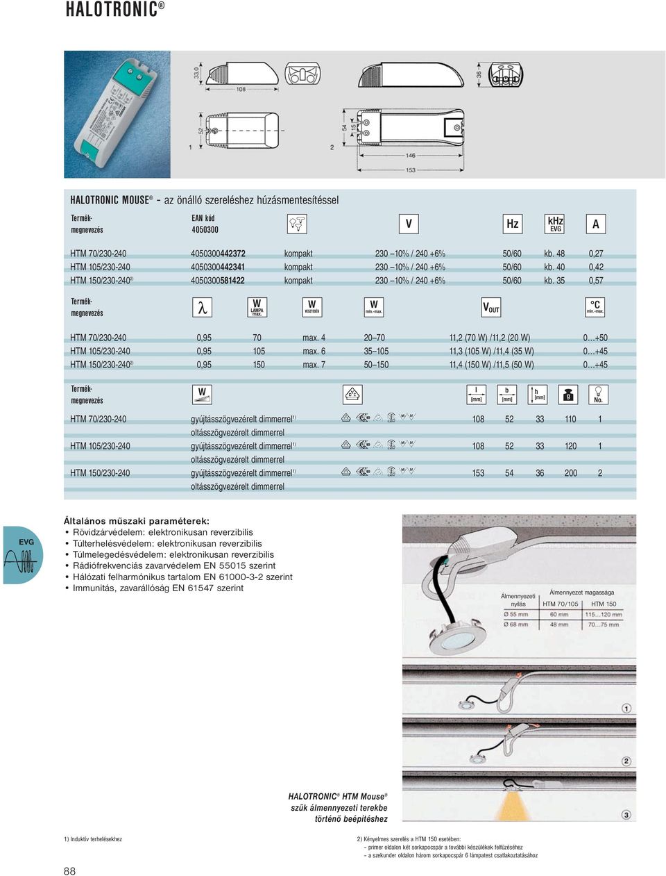 35 0,57 Termékmegnevezés HTM 70/230-240 0,95 70 max. 4 20 70 11,2 (70 W) /11,2 (20 W) 0 +50 HTM 105/230-240 0,95 105 max. 6 35 105 11,3 (105 W) /11,4 (35 W) 0 +45 HTM 150/230-240 2) 0,95 150 max.