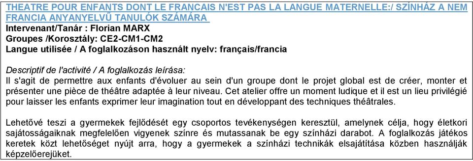 est de créer, monter et présenter une pièce de théâtre adaptée à leur niveau.