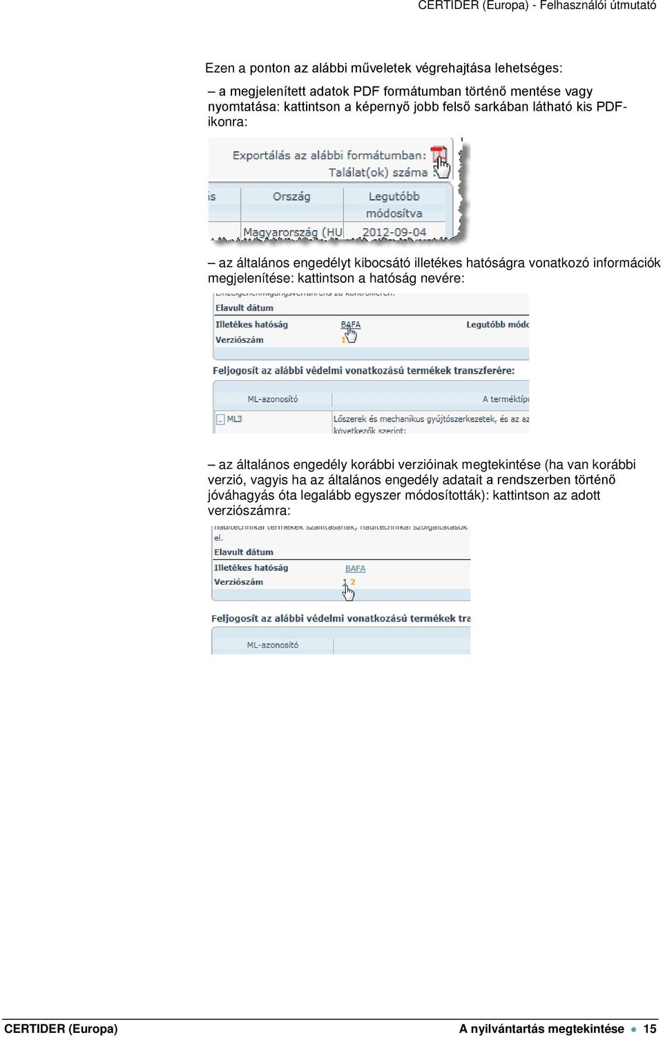 kattintson a hatóság nevére: az általános engedély korábbi verzióinak megtekintése (ha van korábbi verzió, vagyis ha az általános engedély adatait