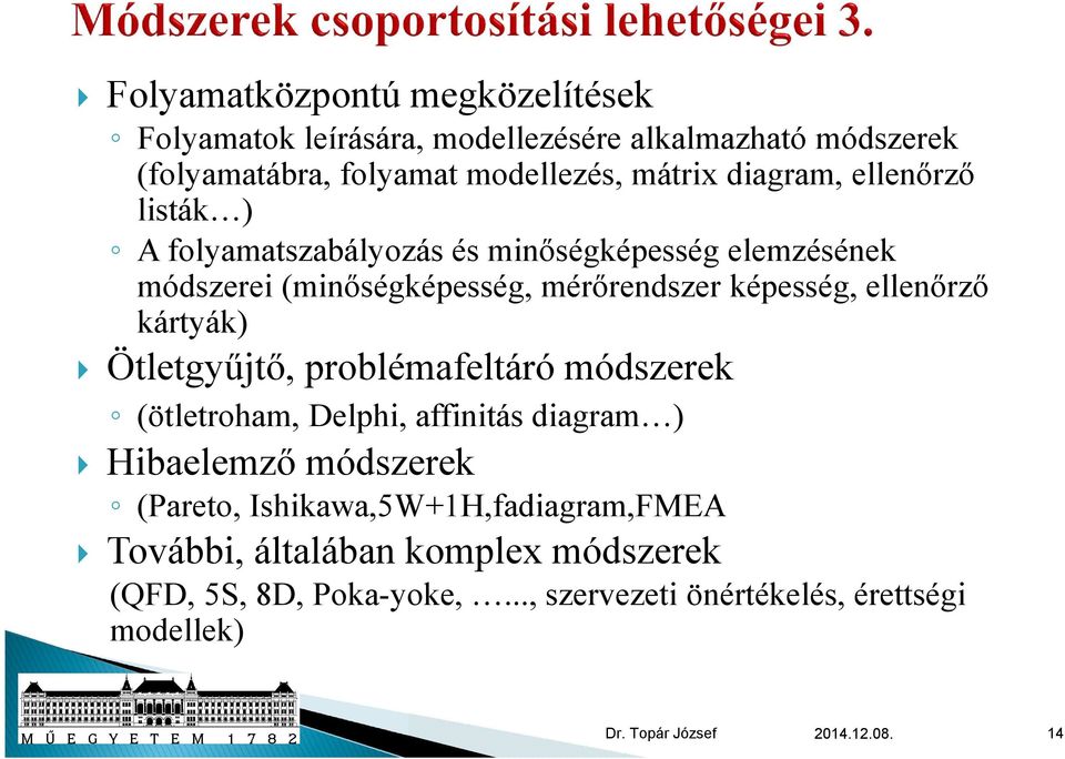 kártyák) Ötletgyűjtő, problémafeltáró módszerek (ötletroham, Delphi, affinitás diagram ) Hibaelemző módszerek (Pareto,