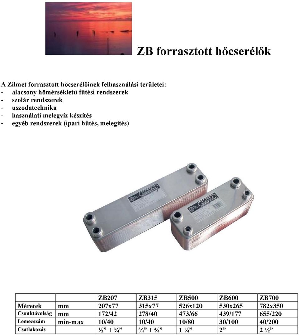 hűtés, melegítés) ZB207 ZB315 ZB500 ZB600 ZB700 Méretek mm 207x77 315x77 526x120 530x265 782x350 Csonktávolság mm