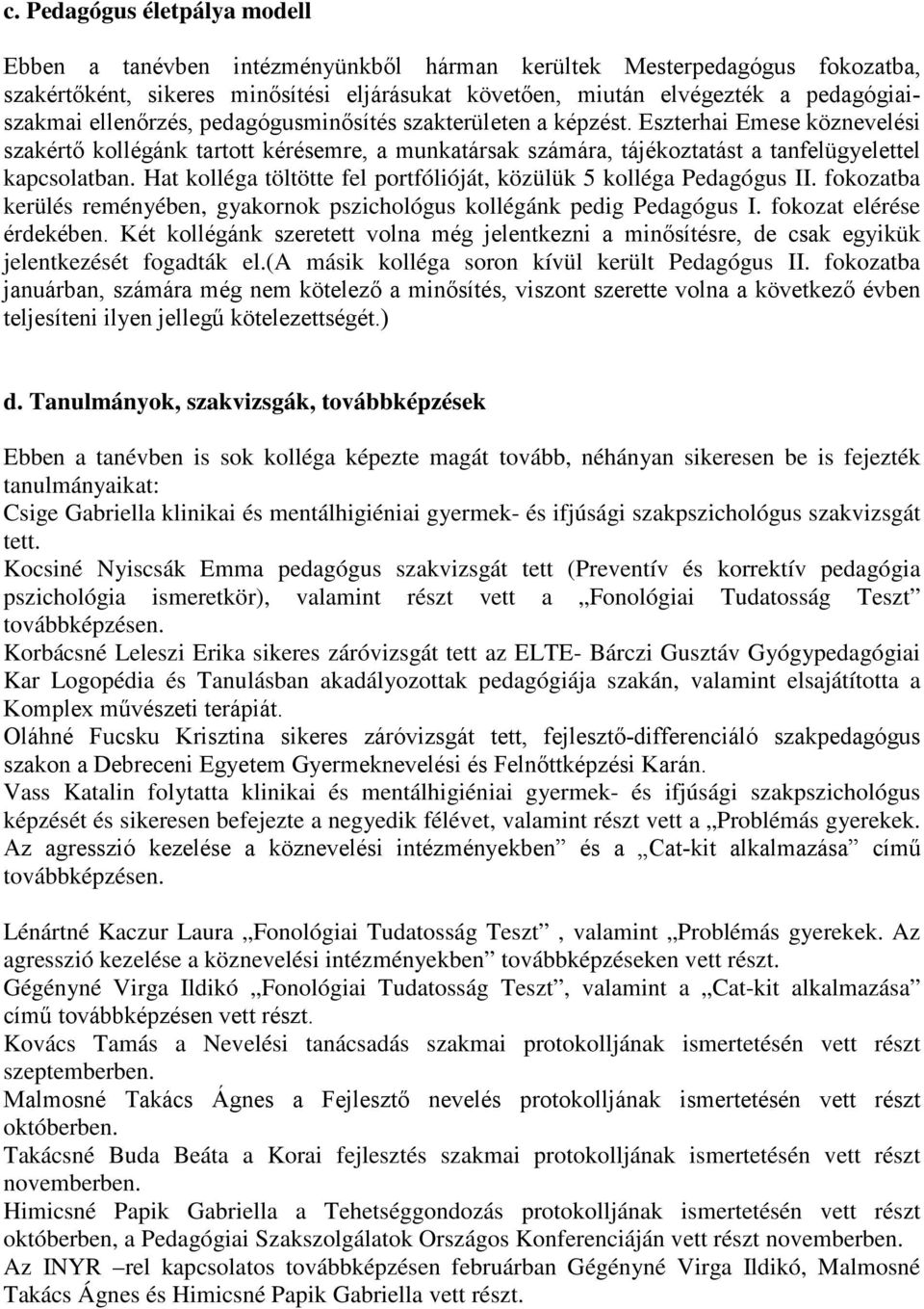 Hat kolléga töltötte fel portfólióját, közülük 5 kolléga Pedagógus II. fokozatba kerülés reményében, gyakornok pszichológus kollégánk pedig Pedagógus I. fokozat elérése érdekében.