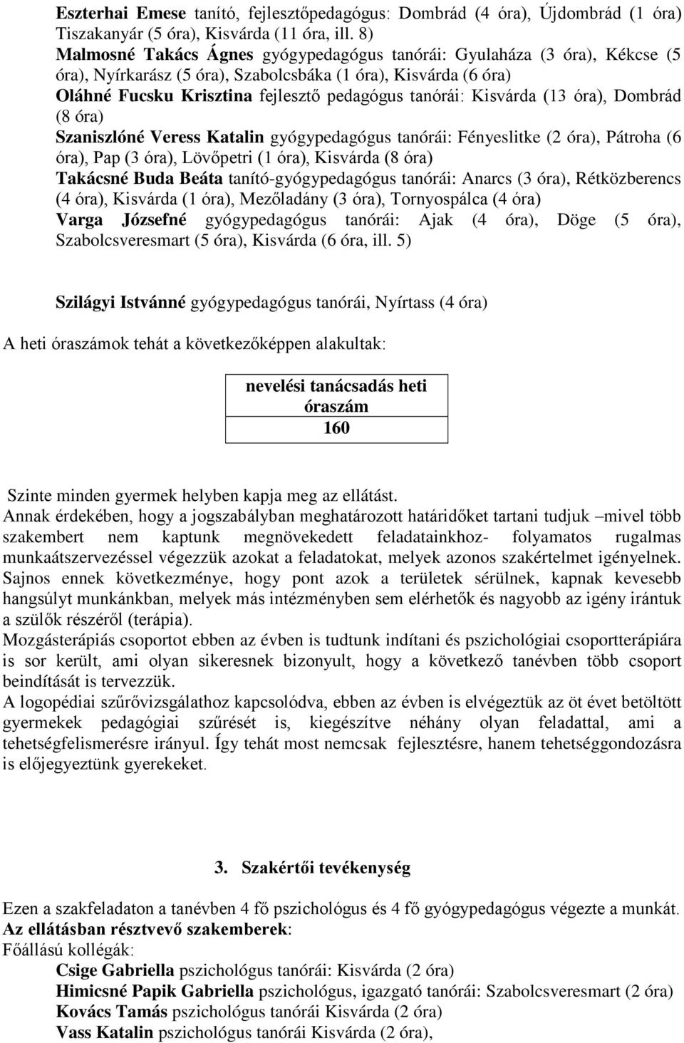 Kisvárda (13 óra), Dombrád (8 óra) Szaniszlóné Veress Katalin gyógypedagógus tanórái: Fényeslitke (2 óra), Pátroha (6 óra), Pap (3 óra), Lövőpetri (1 óra), Kisvárda (8 óra) Takácsné Buda Beáta